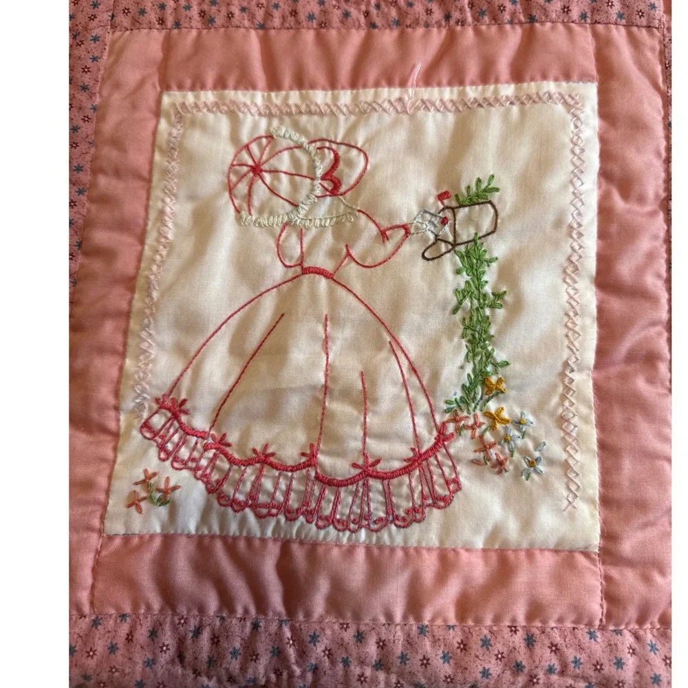Vintage Pristine Handmade Baby Crib Quilt, Pink Embroidered Nursery Heirloom